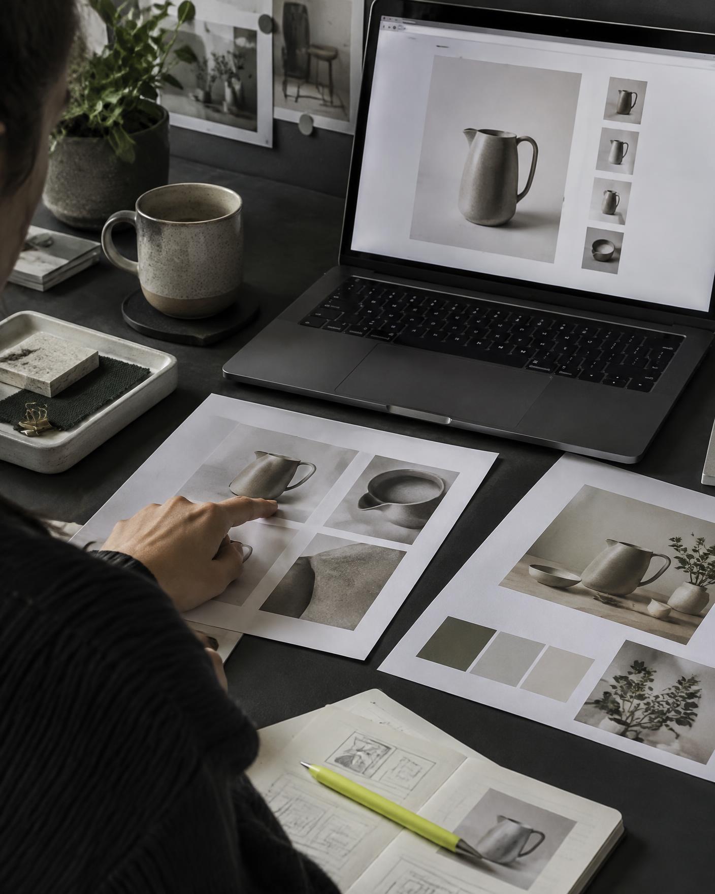 A designer reviewing product images for a marketplace listing